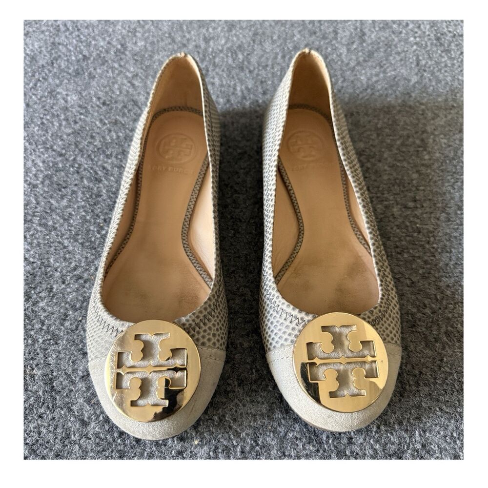 Tory Burch Serena 2 ballet flat Leather Slip-On Flats Logo Size US 6 Beige Gold
